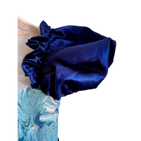 Vtg Girls Floral Tapestry Dress With Sheer Bodice & Navy Satin Puff Sleeves - Picture 3 of 15